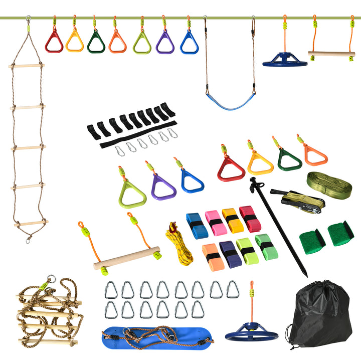 Kids Ninja Warrior Obstacle Course, 42.6 FT Children Slackline Training Equipment w/ Monkey Bars, Rope Ladder, Swing, Gym Rings, Carry Bag