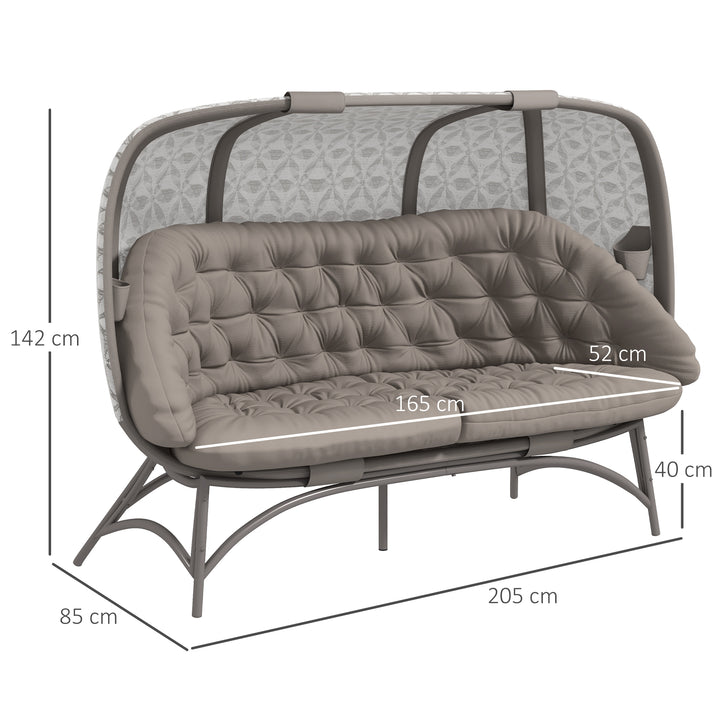 Folding Outdoor Egg Chair, Hollow Design 3 Seater Garden Furniture Chair w/ Flower Pattern Bottle Holder Bags for Indoor Outdoor, Sand Brown