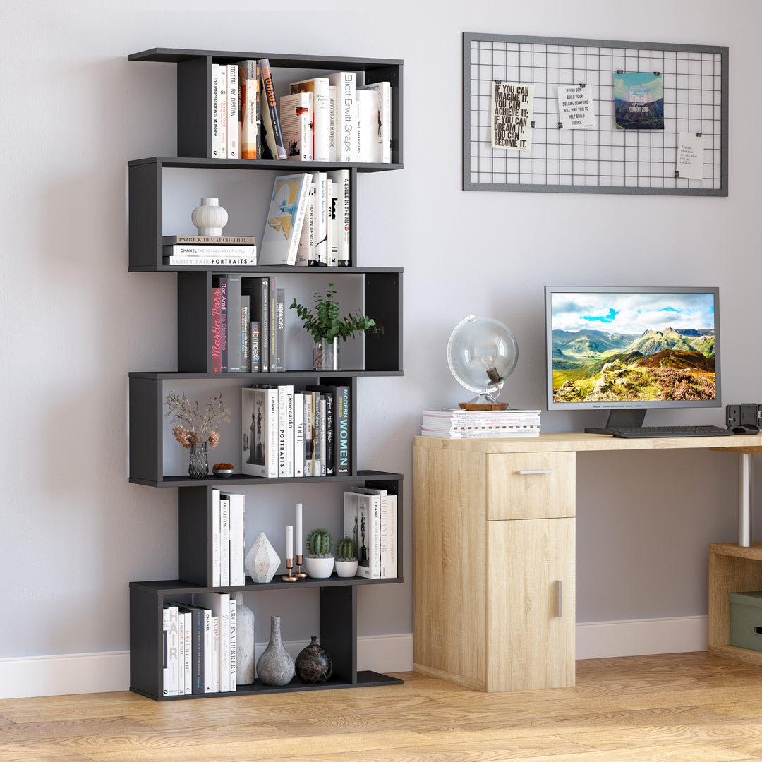 S Shape Wooden 6-tier Bookshelf Open Concept Bookcase Storage Display Unit for Home Office Living Room, Black