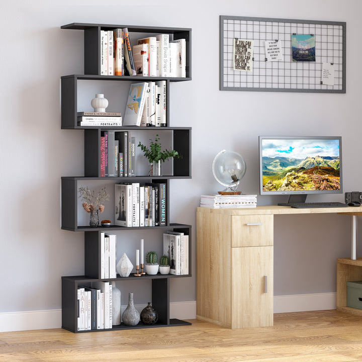S Shape Wooden 6-tier Bookshelf Open Concept Bookcase Storage Display Unit for Home Office Living Room, Black