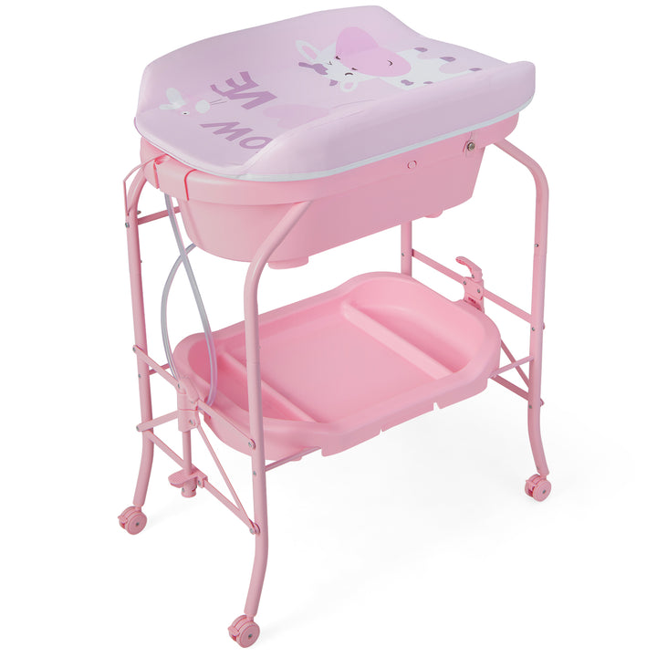 Baby Change Table with Bathtub and Folding Changing Station-Pink