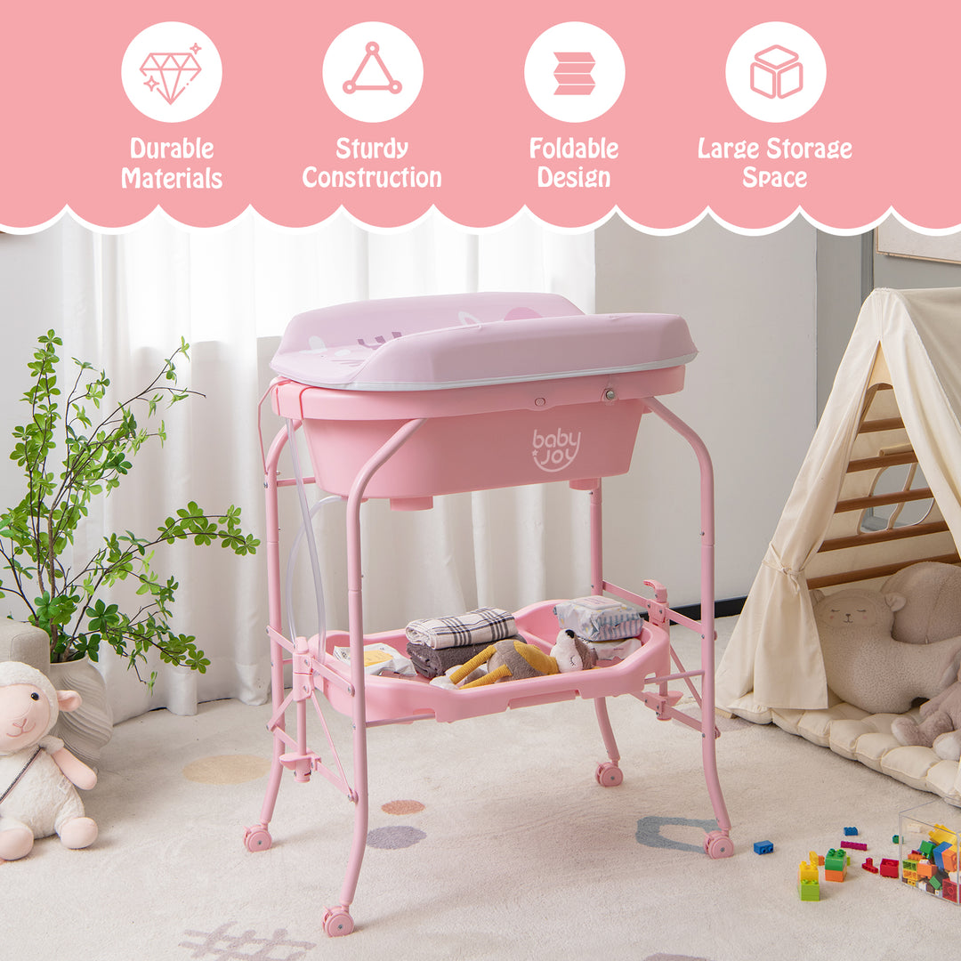 Baby Change Table with Bathtub and Folding Changing Station-Pink