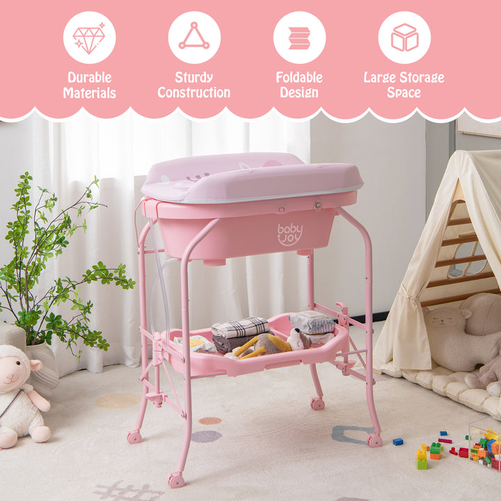 Baby Change Table with Bathtub and Folding Changing Station-Pink