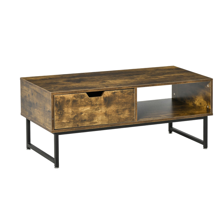 HOMCOM Industrial Coffee table Wooden End Table with Shortage Shelf and Drawer Modern Sofa Table Metal Frame, Rustic Brown 106W x 48D x 43H cm