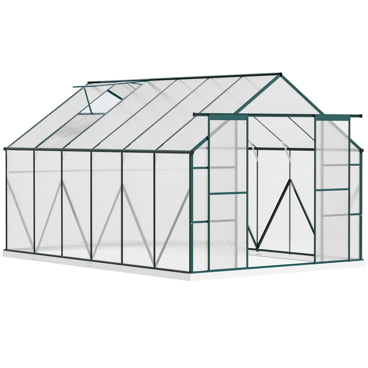 Aluminium Greenhouse Polycarbonate Walk-in Garden Greenhouse Kit with Adjustable Roof Vent, Rain Gutter and Foundation, 8 x 12ft, Clear