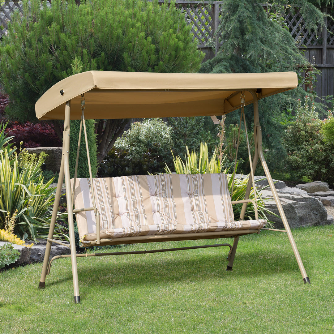 3 Seater Garden Swing Chair Patio Rocking Bench w/ Tilting Canopy, Removable Cushion, Light Brown Top, Brown