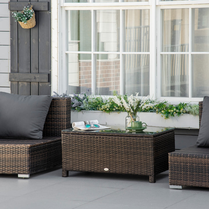 Rattan Garden Furniture Coffee Table Patio Tempered Glass (Mixed Brown)