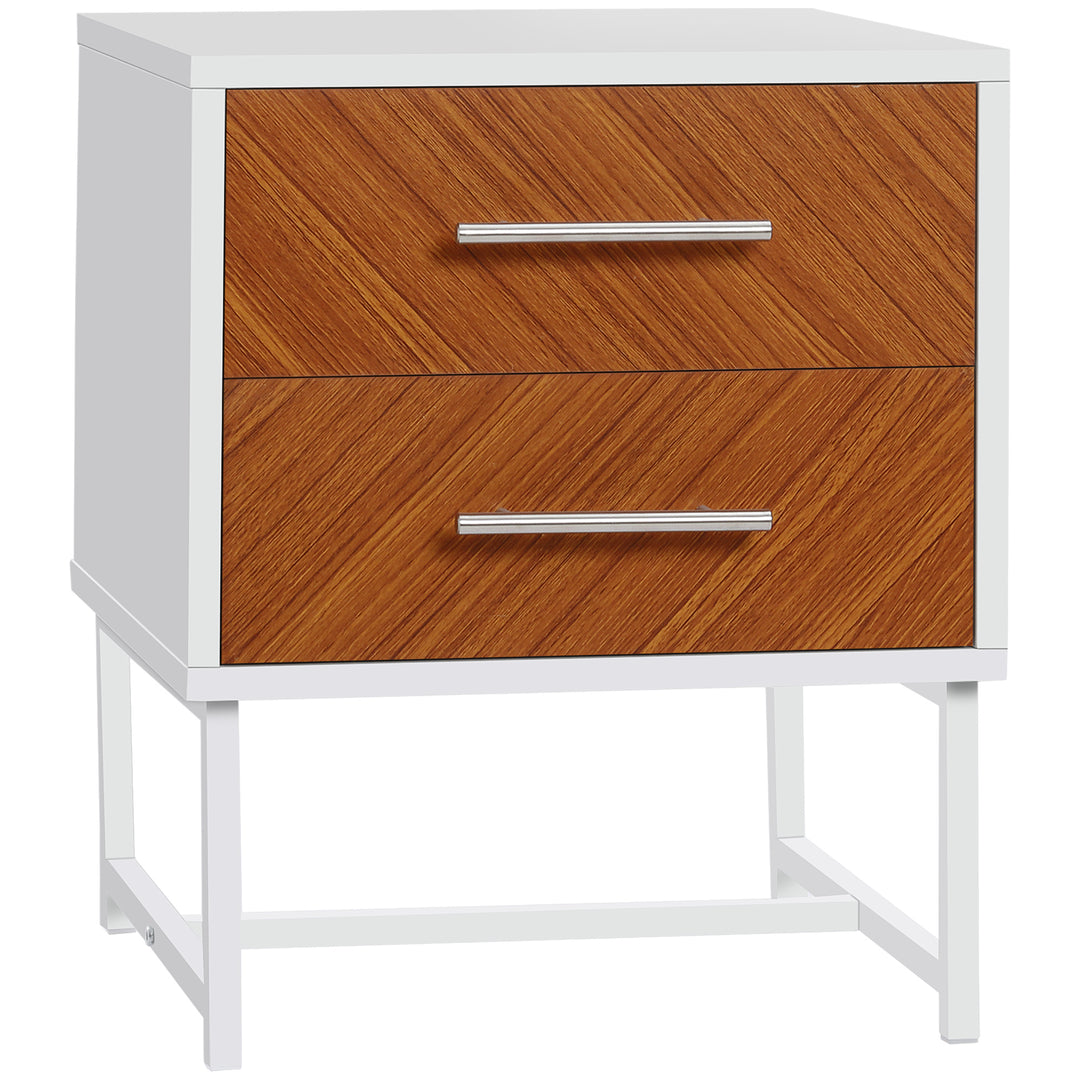 Bedside Table with 2 Drawers and Metal Frame, Sofa Side Table for Bedroom Living Room, White and Brown