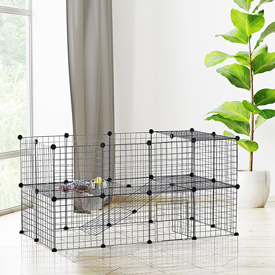 Pawhut Guinea Pig Playpen Rabbit Playpen Metal Wire Fence Indoor Outdoor Small Animal Cage 36 Panel Enclosure Black