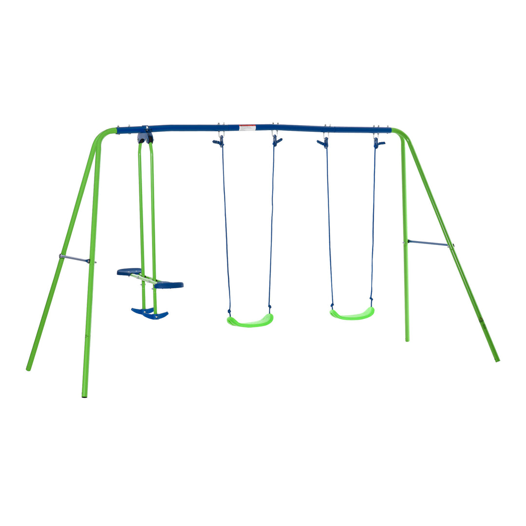 Metal Swings & Seesaw Set Double Seats with a Height Adjustable Children Outdoor Backyard Play Set for Toddlers Over 3 Years Old, Green