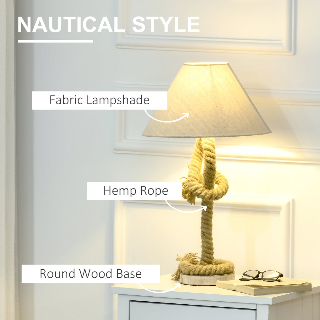 HOMCOM Nautical Style Table Lamp with Fabric Lampshade, Twisted Rope Bedside Lamp for Bedroom, Study, Living Room, Beige