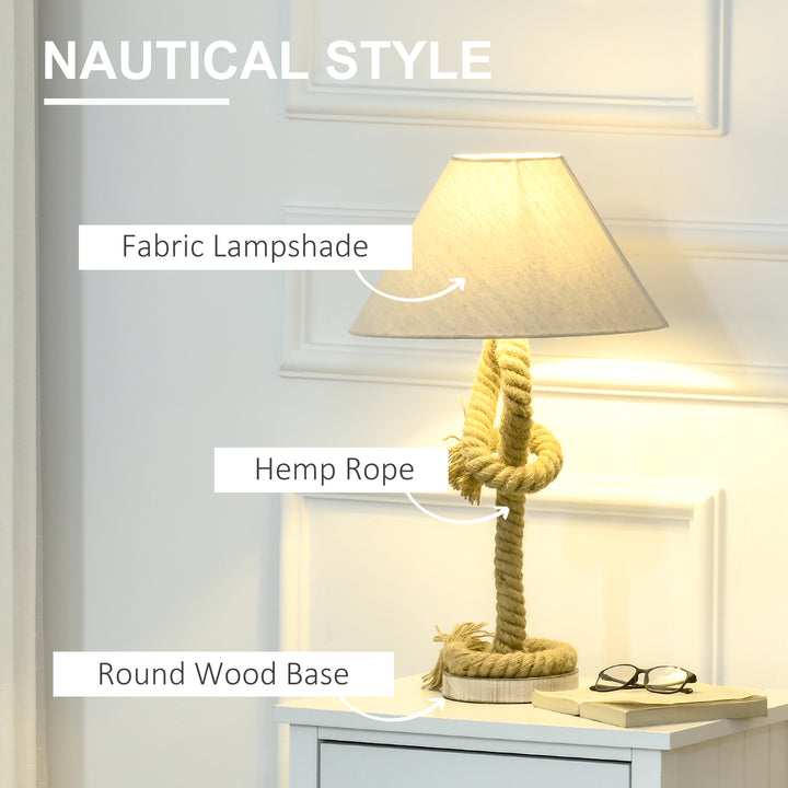 HOMCOM Nautical Style Table Lamp with Fabric Lampshade, Twisted Rope Bedside Lamp for Bedroom, Study, Living Room, Beige