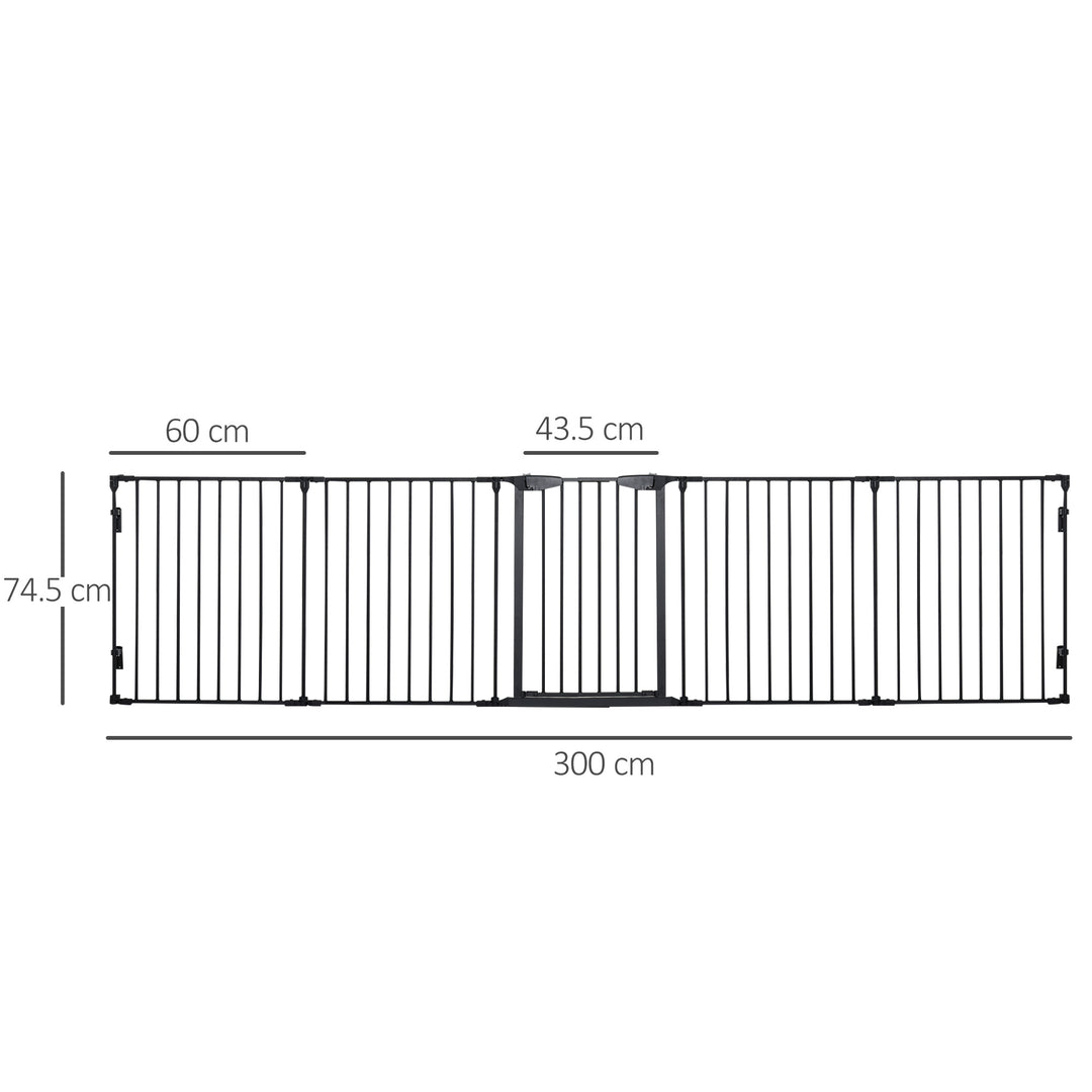 PawHut Stair Gate Dog Pens Pet PlayPen 5-Panel Freestanding Fireplace Christmas Tree Metal Fence Stair Barrier Room Divider with Walk Through Door