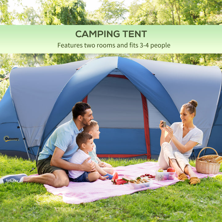 3-4 Man Camping Tent with 2 Rooms, Dome Tent with 2 Doors, Portable Carry Bag, UV Protection, for Fishing, Hiking - Blue