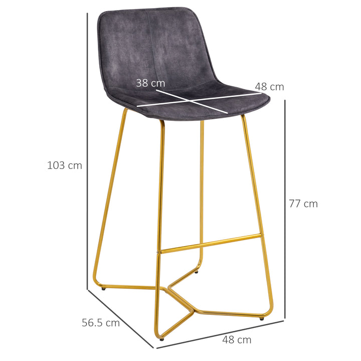 Bar Stools, Set of 2, Velvet-Touch Fabric Breakfast Bar Chairs with Footrest, Tall Kitchen Stools &amp; Gold-Tone Metal Legs for Dining Area, Grey