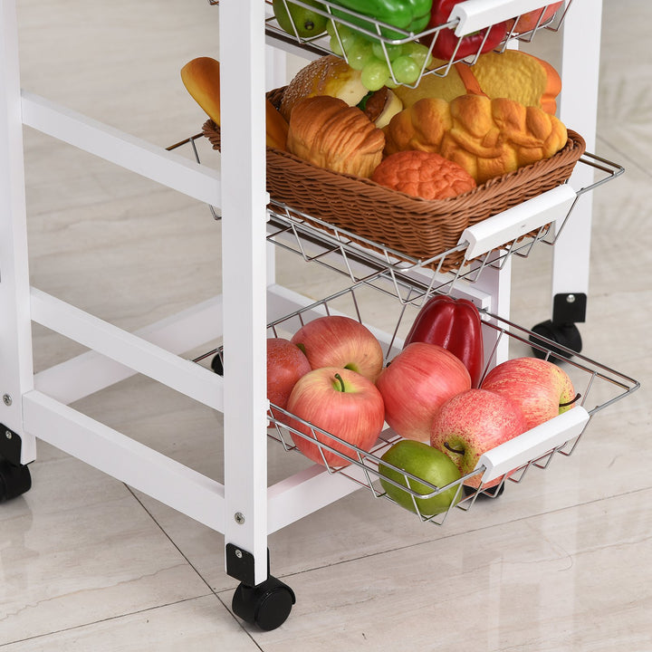 Drop-Leaf Kitchen Trolley w/ 3 Baskets Drawer Surface Top 6 Wheels Rolling Storage Unit Kitchen Home Dining Cart White Oak Tone