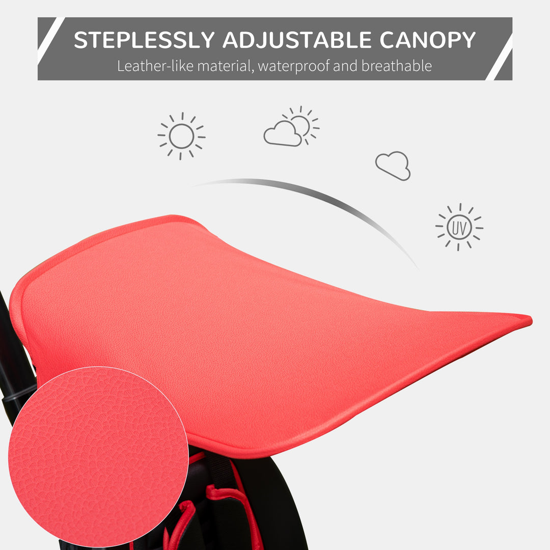 4 in 1 Baby Tricycle Toddler Stroller Foldable Pedal Tricycle w/ Reversible Angle Adjustable Seat Removable Handle Canopy Handrail Belt-Red