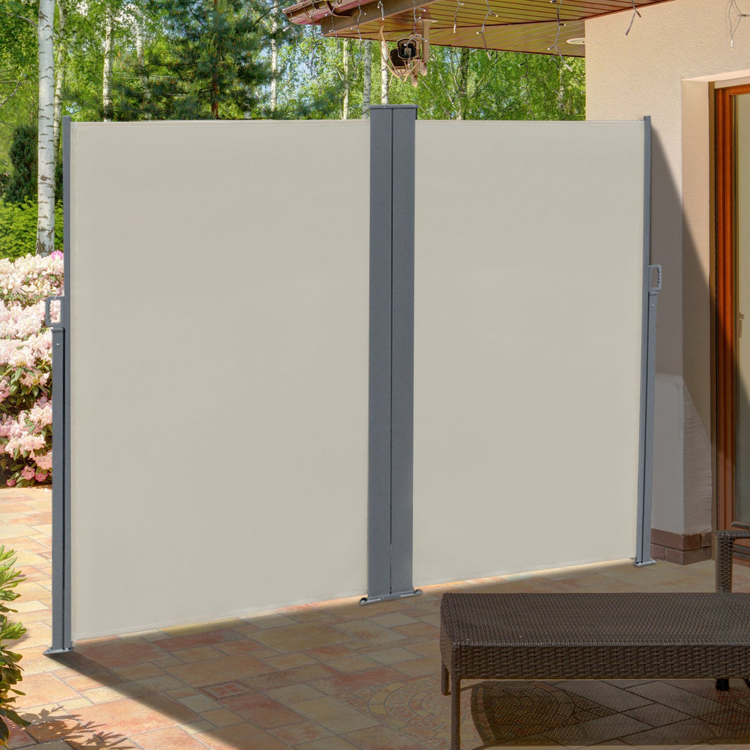 Patio Retractable Double Side Awning, Folding Privacy Screen Fence, Privacy Wall Corner Sun Shade Wind Screen Room Divider-Cream White