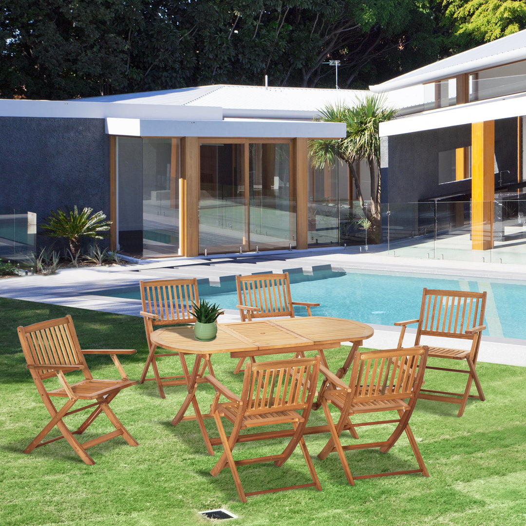 7 Piece Wooden Garden Dining Set with Umbrella Hole, Folding Dining Table and Armchairs with Parasol Hole, Teak