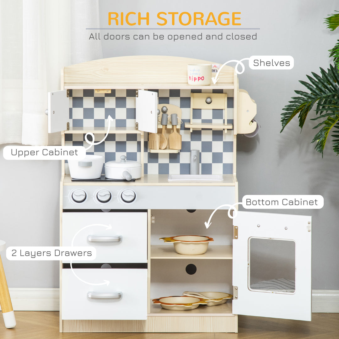 HOMCOM Kids Kitchen Play Cooking Toy Set, Educational Pretend Role Playset Game Multiple Storage, with Sink, Cooking Bench, Pots, Nature Wood