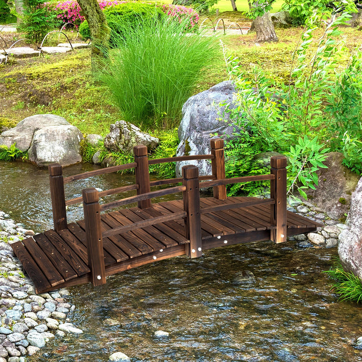 Wooden Garden Bridge Lawn DŽcor Stained Finish Arc Outdoor Pond Walkway w/ Railings