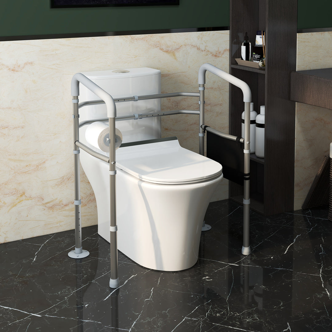 Free Standing Toilet Frame, Height and Width Adjustable Toilet Safety Frame with Arms, 2 Additional Suction Cups, Storage for Elderly, Senior, Disabled, Handrail Grab Bar, 136kg Weight Capacity