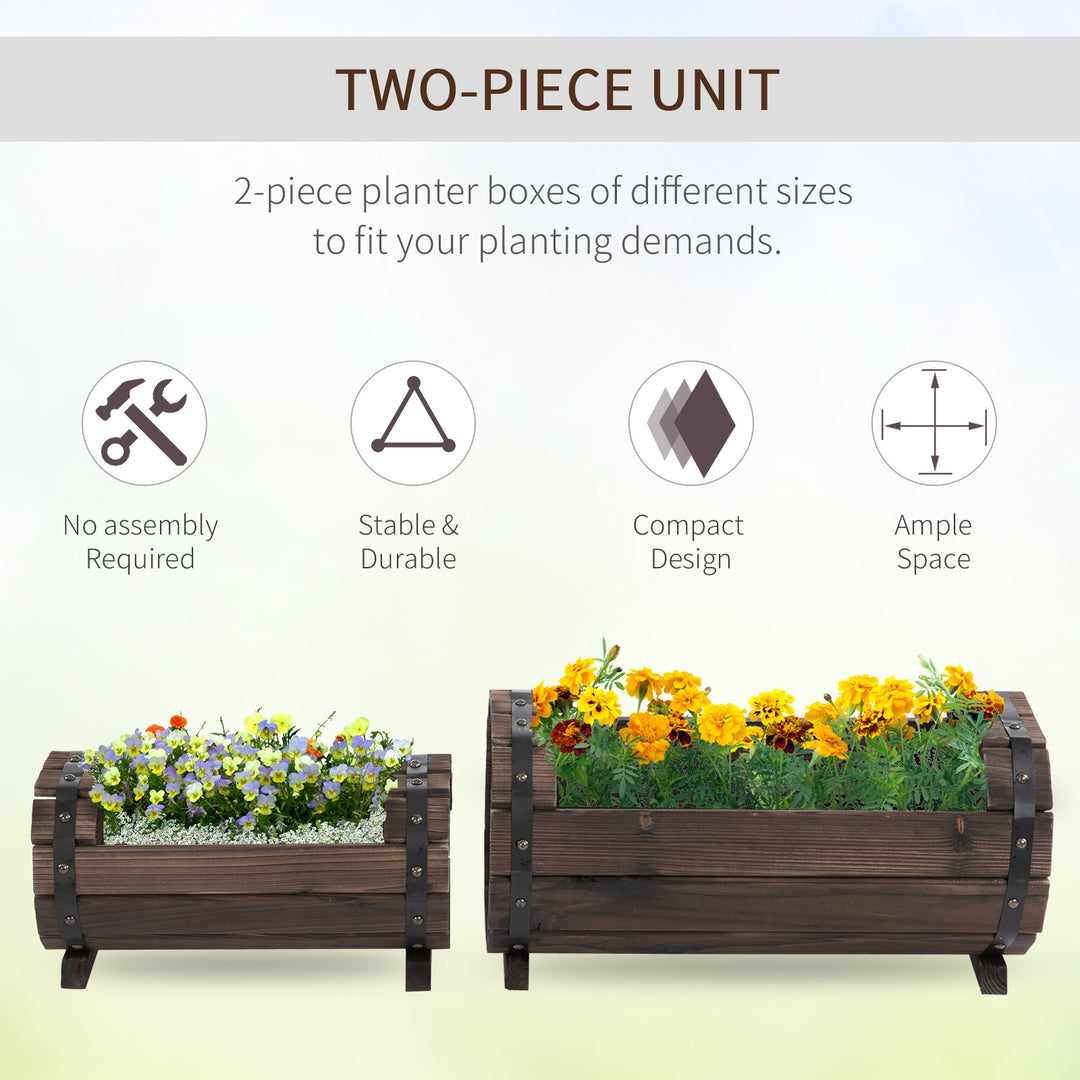 Outsunny 2PCs Wooden Planter Box Flower Plant Pot Outdoor & Indoor Flower Beds Plant Box with Solid Wood Carbonized Colour