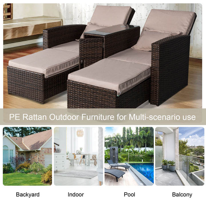 Outsunny Outdoor Garden Rattan Companion Sofa Chair & Stool Lounger Recliner Love Sunbed Daybed Patio Wicker Weave Furniture Set Assembled Brown