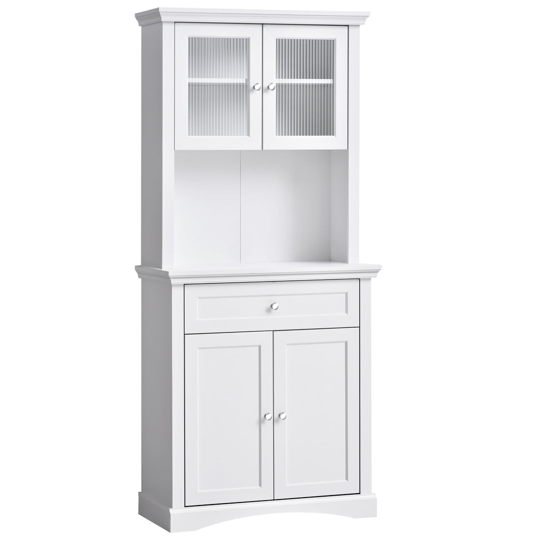 Kitchen Cupboard, Freestanding Storage Cabinet with Glass Doors, Adjustable Shelves, and Open Counter, White
