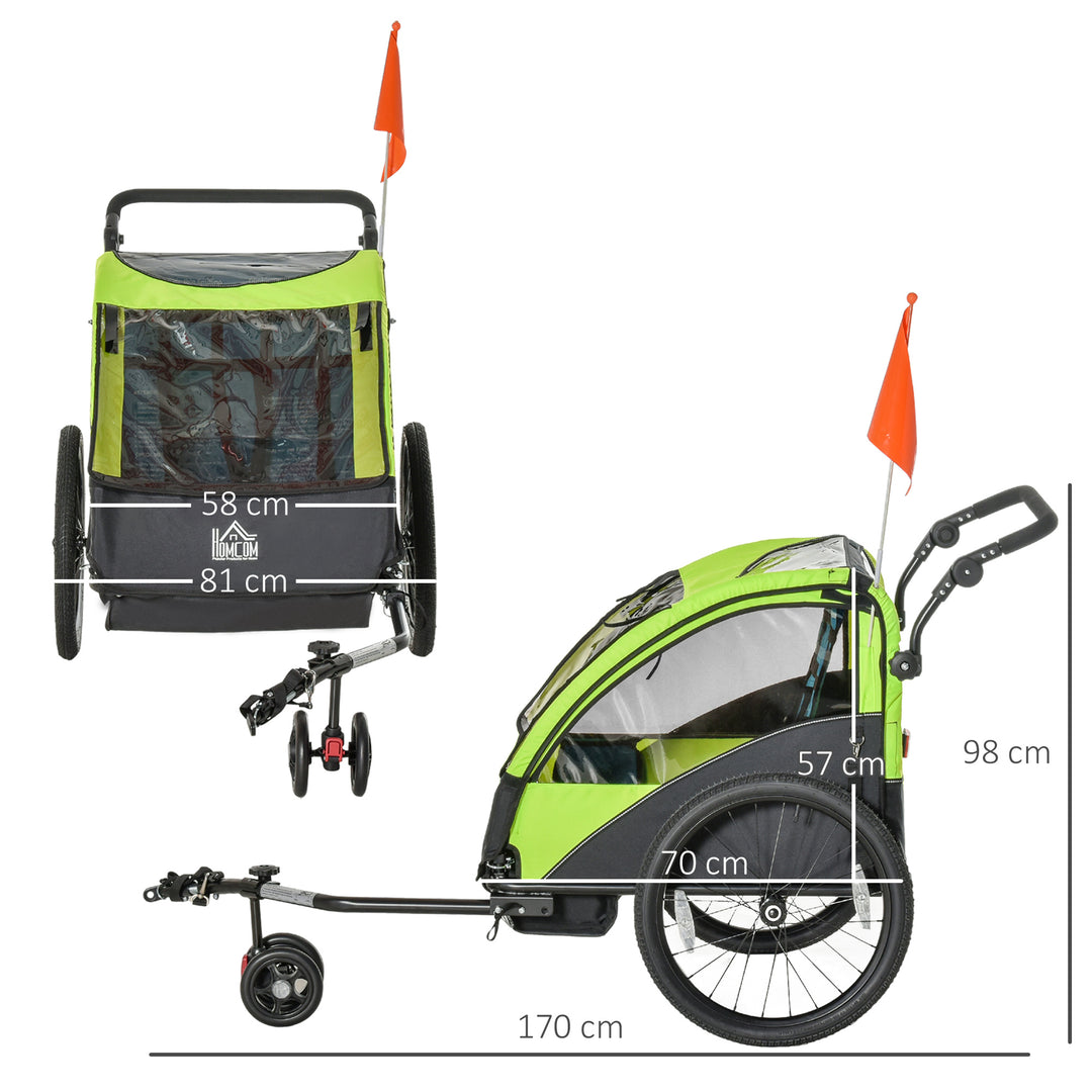 2 In 1 Trailer for Kids Child Foldable Baby Stroller 2-Seater Transport Carrier with Adjustable Handlebar Storage Bag Flag Green by HOMCOM