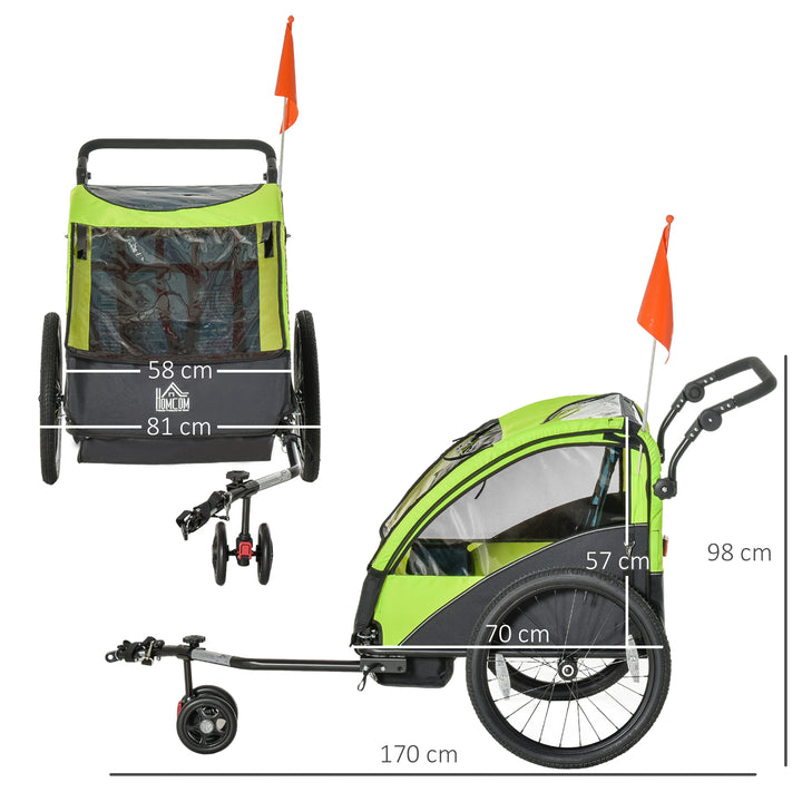 2 In 1 Trailer for Kids Child Foldable Baby Stroller 2-Seater Transport Carrier with Adjustable Handlebar Storage Bag Flag Green by HOMCOM