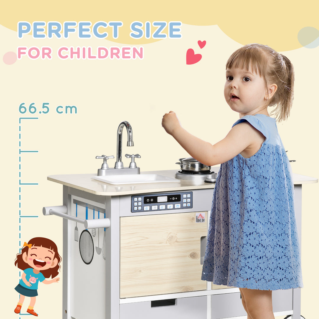 HOMCOM Kids Kitchen Play Cooking Toy Set, Educational Pretend Role Playset Game with Wheels, Sink, Cooking Bench, Drawers, Nature Wood