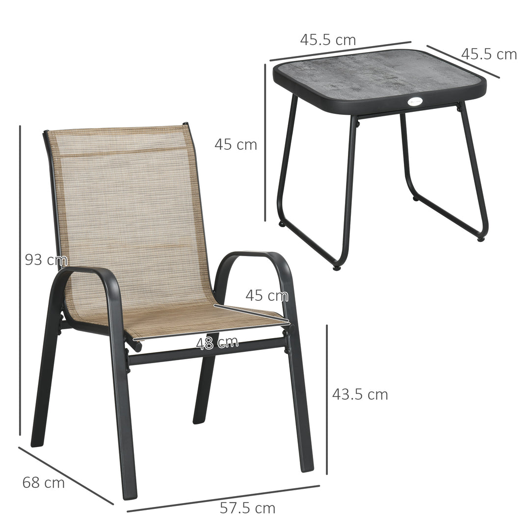 3 Pieces Outdoor Bistro Set, Patio Stackable Armchairs with Breathable Mesh Fabric and PSC Board Coffee Table, Brown