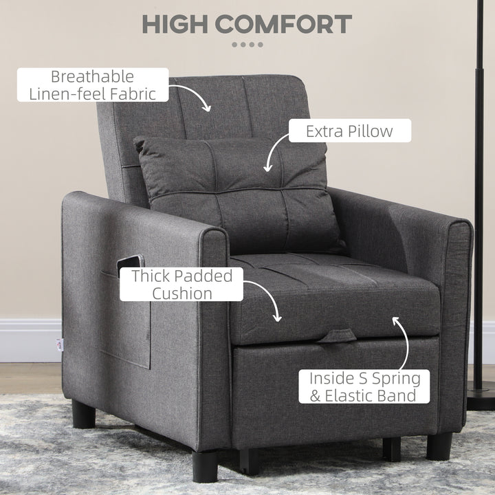 Folding Sofa Bed, Pull Out Single Sleeper, 3 in 1 Convertible Chair Bed with Adjustable Backrest, Pillow, Side Pocket for Home Office Grey