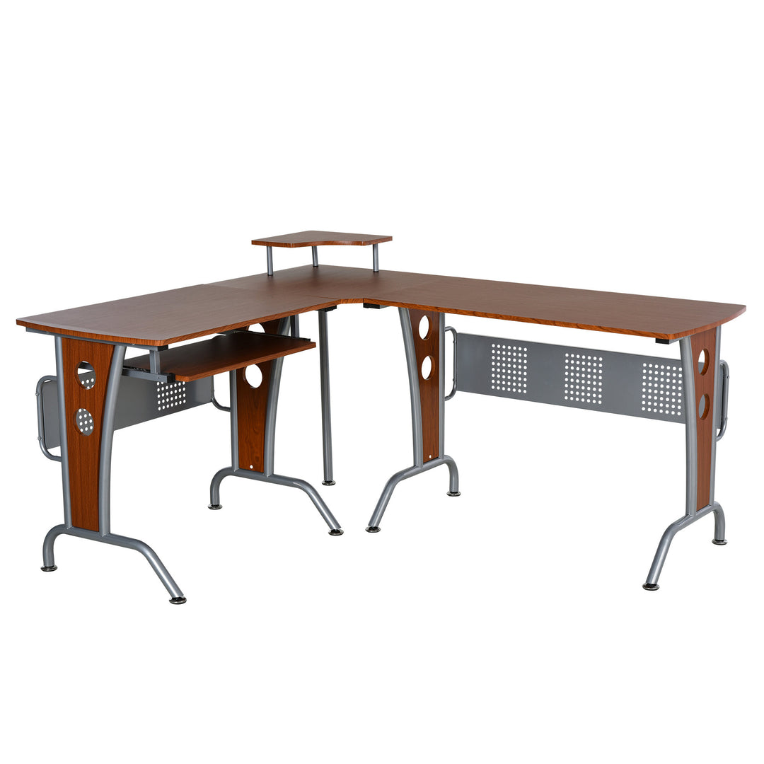 L-Shaped Corner Work Desk Gaming Office w/ Steel Frame CPU Rack Keyboard Tray Space-Saving Melamine Coating Computer Home Workstation Brown