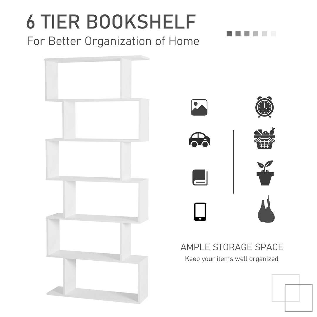 HOMCOM Wooden Wood S Shape Storage Display 6 Shelves Room Divider Unit Chest Bookshelf Bookcase Cupboard Cabinet Home Office Furniture, White