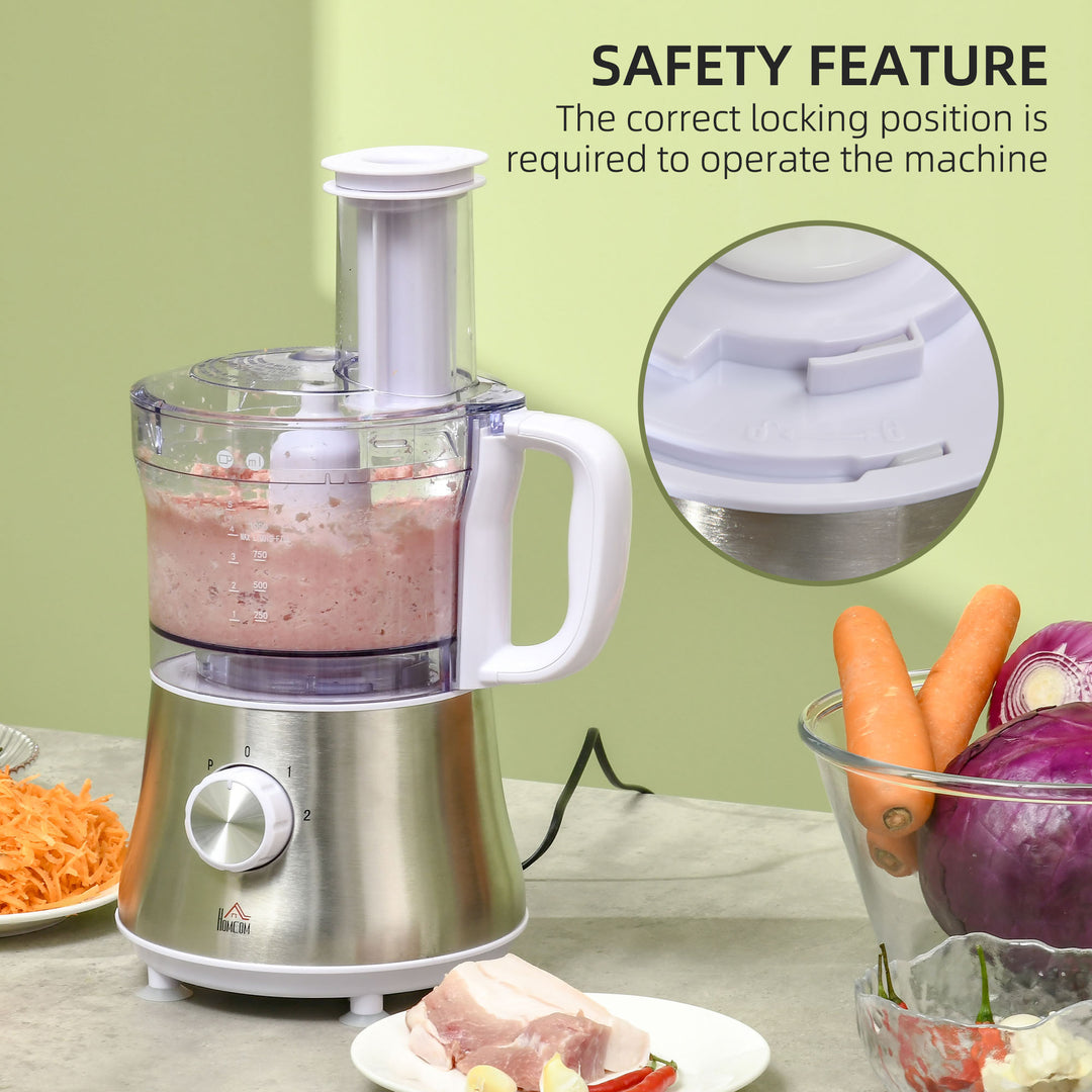 Food Processor with 1L Bowl, 1.5L Blender, Knife Blades, Reversible Slicing and Grating Discs, Adjustable Speed and Pulse, 500W