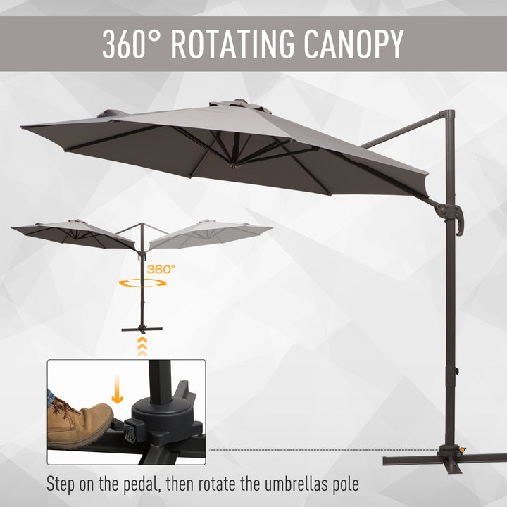 3M Roma Umbrella Sun Shade Cantilever Hanging Parasol w/ Cross Base Hand Crank Aluminium Frame 360°Rotation - Grey