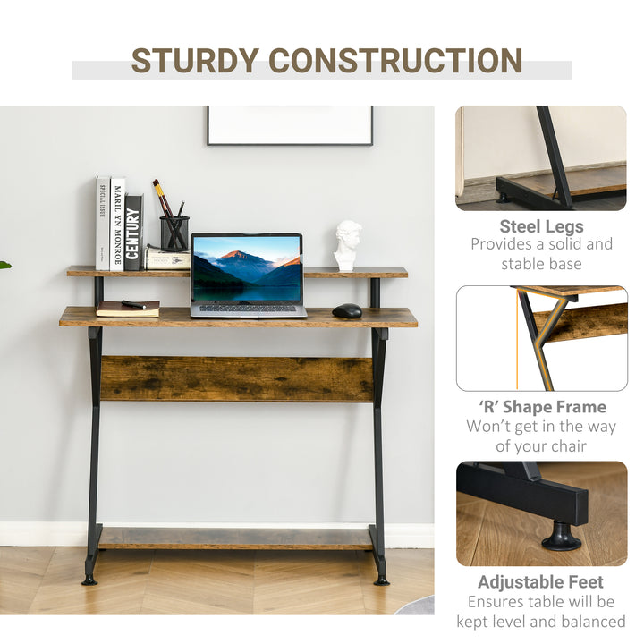 Compact Small Computer PC Table, R Shape Desk with Monitor Shelf and Storage for Home Office, Gaming, Study,100cm, Brown