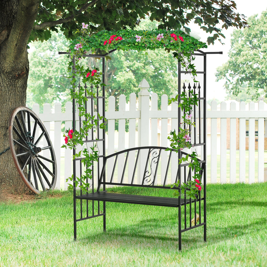 Garden Metal Arch Arbour with Bench Love Seat Chair Outdoor Patio Rose Trellis Pergola Climbing Plant Archway Tubular- 154L x 60W x 205Hcm