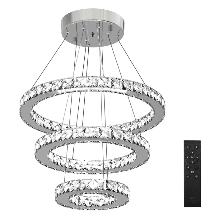 Modern LED Chandelier with 3 Crystal Rings, Dimmable Pendent Ceiling Light Cool Warm White with Adjustable Cable Remote Controller, Silver