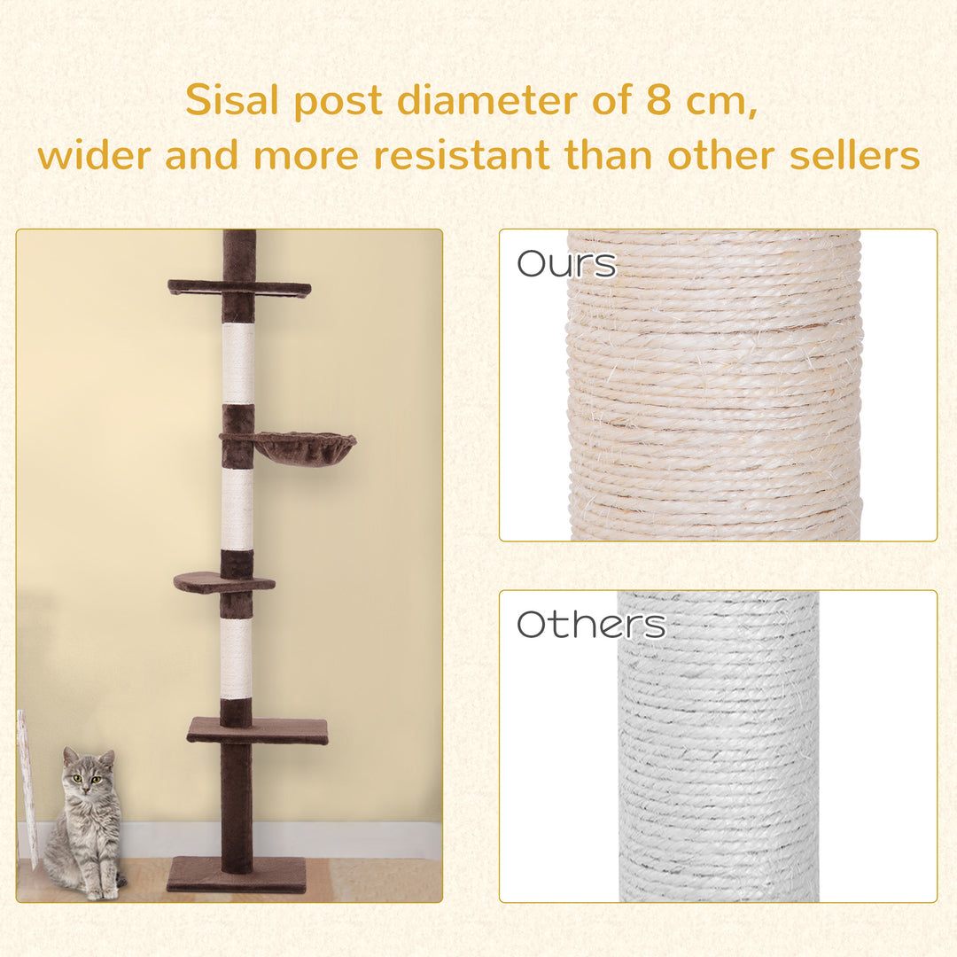 PawHut Floor to Ceiling Cat Tree for Indoor Cats 5-Tier Kitty Tower Climbing Activity Center Scratching Post Adjustable Height 230-260 cm Brown