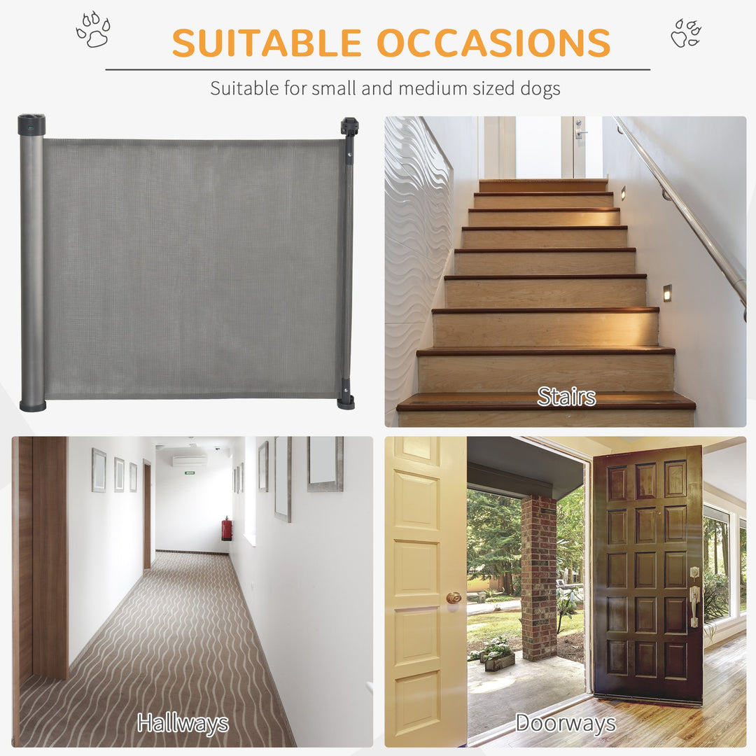 PawHut Retractable Safety Gate for Dog, Detachable Pet Barrier, Extend to 140 cm for Doorways, Hallways, Stairs, Grey