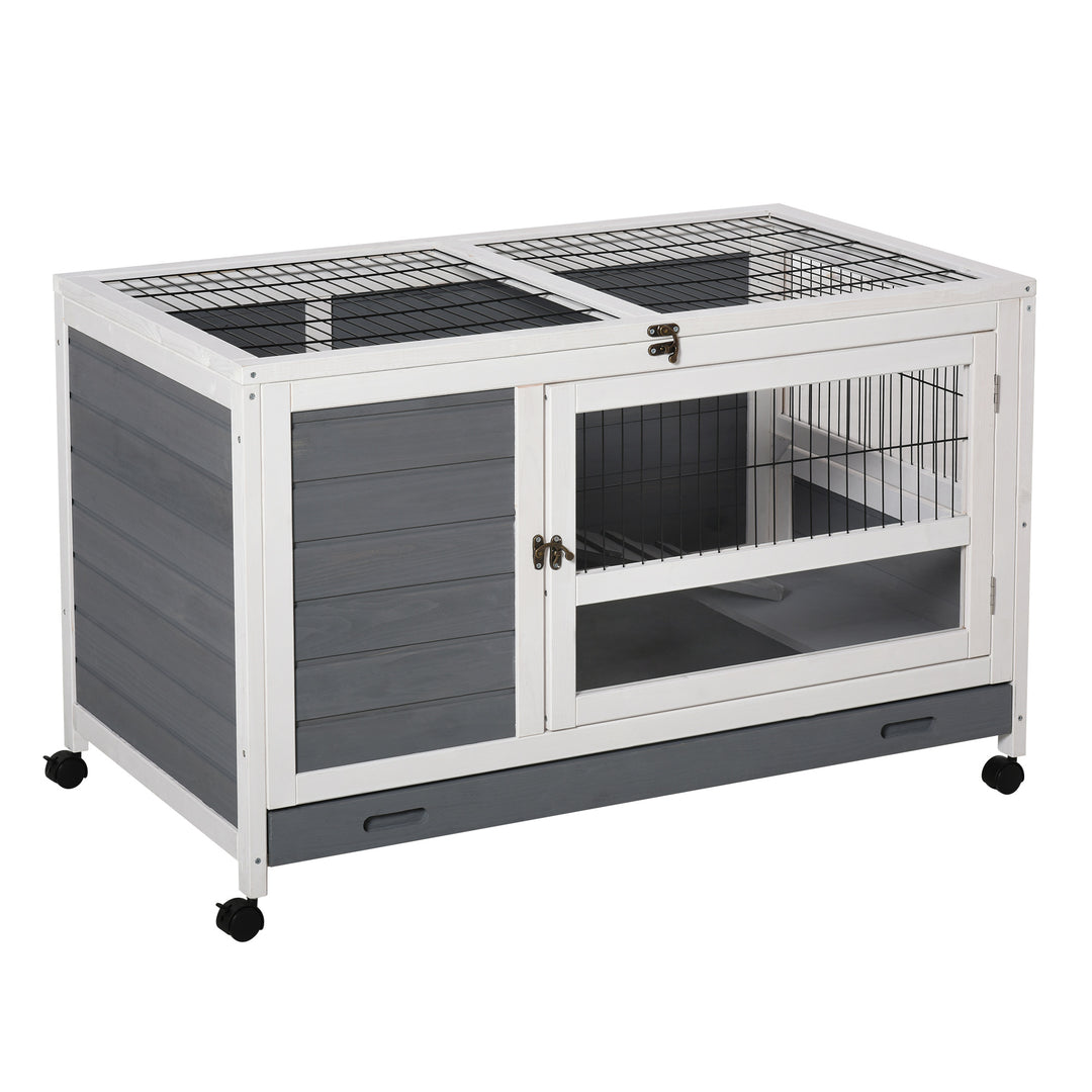 PawHut Wooden Guinea Pigs Hutches Elevated Pet Bunny House Rabbit Cage with Slide-Out Tray Indoor Grey