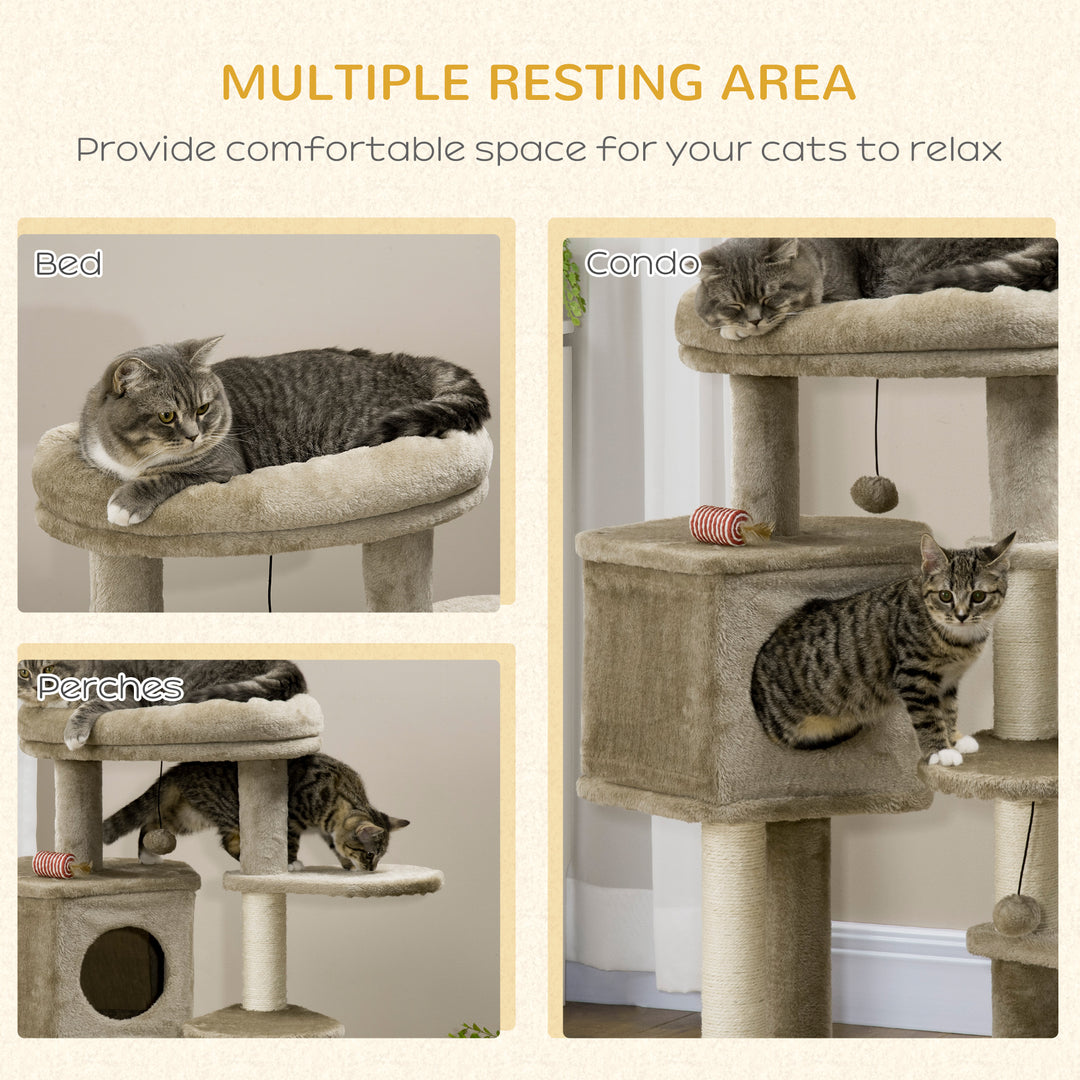 Cat Tree, Cat Tower for Indoor Cats with Sisal Scratching Post, Ramp, Kitten Bed, Condo, Ball Toy, Brown, 55x55x94 cm