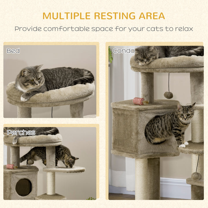 Cat Tree, Cat Tower for Indoor Cats with Sisal Scratching Post, Ramp, Kitten Bed, Condo, Ball Toy, Brown, 55x55x94 cm