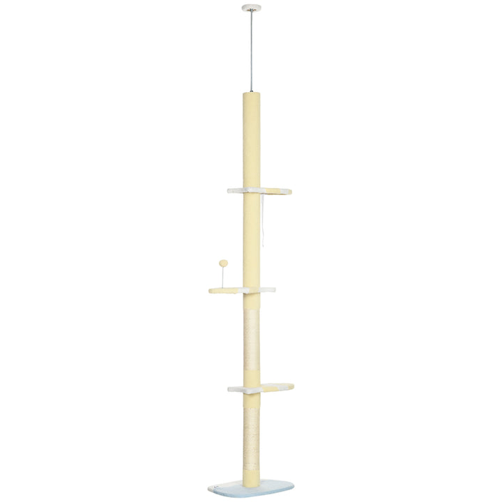 PawHut 260cm Floor to Ceiling Cat Tree, Height Adjustable Kitten Tower with Anti-slip Kit, Multi-Layer Activity Center w/ Scratching Post Ball Yellow