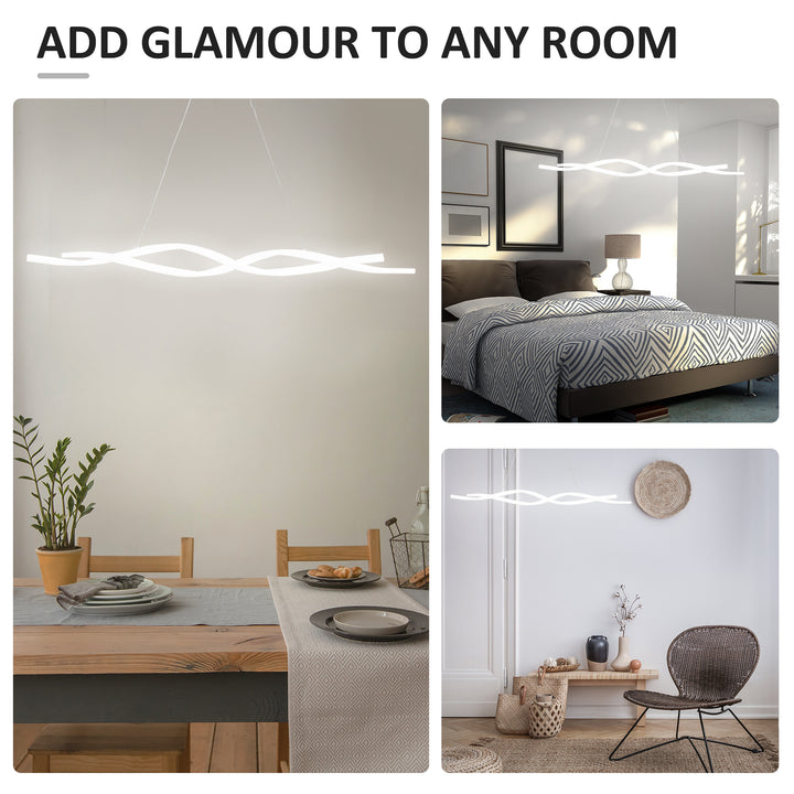 Modern Wave-Shape LED Pendant Light with Adjustable Hanging Chain, Metal Chandelier Cool White 6500K, Silver