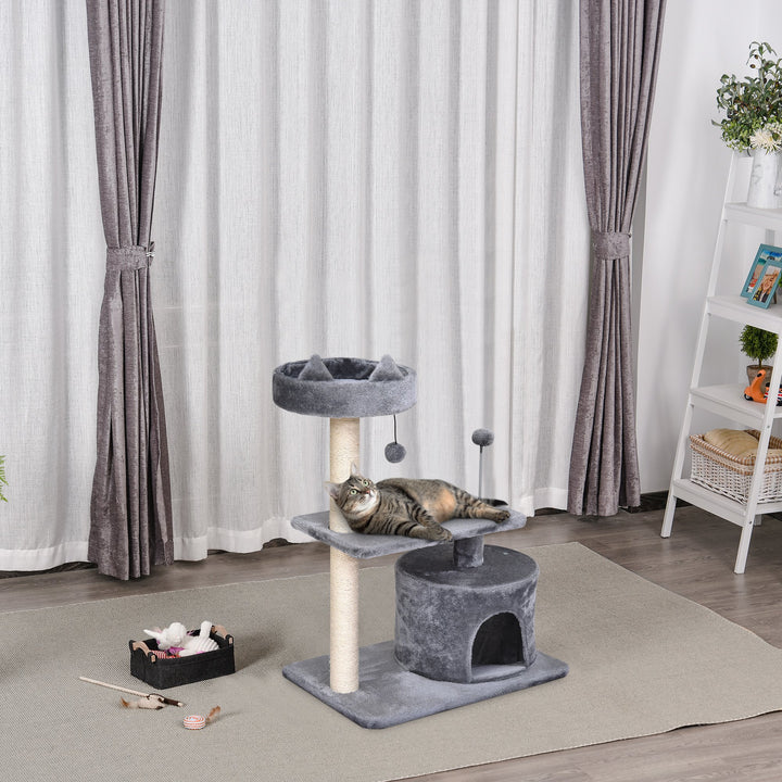 PawHut Cats 3-Tier Sisal Rope Scratching Post w/ Toys Grey