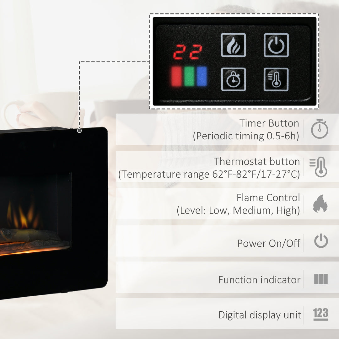 Electric Wall-Mounted Fireplace Heater with Adjustable Flame Effect, Remote Control, Timer, 1800/2000W, Black